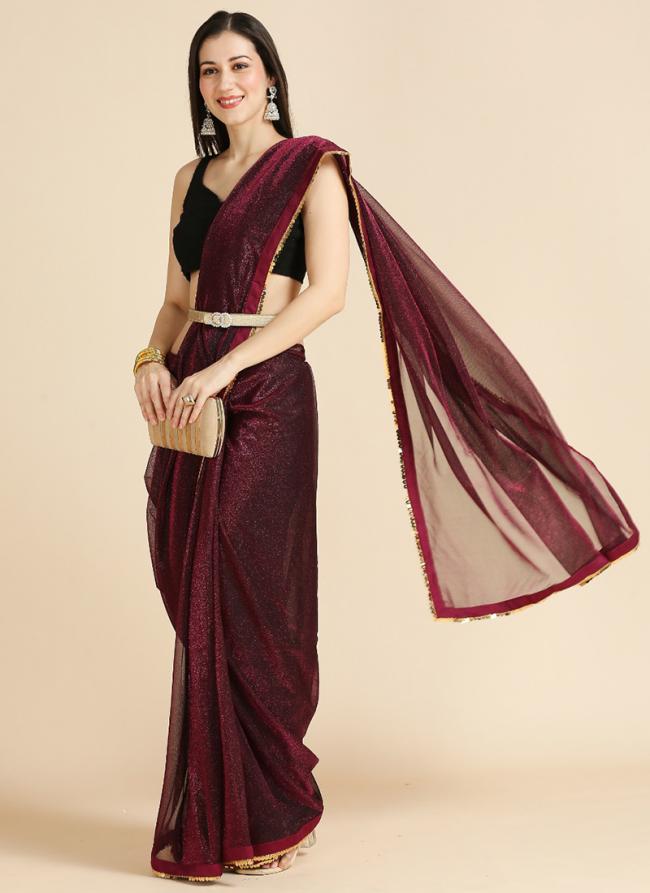 Fancy Dark Pink Party Wear Lace Work Saree